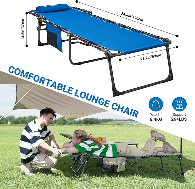 KingCamp Lounge Chair Outdoor, Folding Portable Tanning Chairs Comfy Adjustable 5-Position Lay Flat Foldable Chaise Chaser Lounger with Pillow for Outside Beach Patio Sun Bathing Pool Backyard, Blue