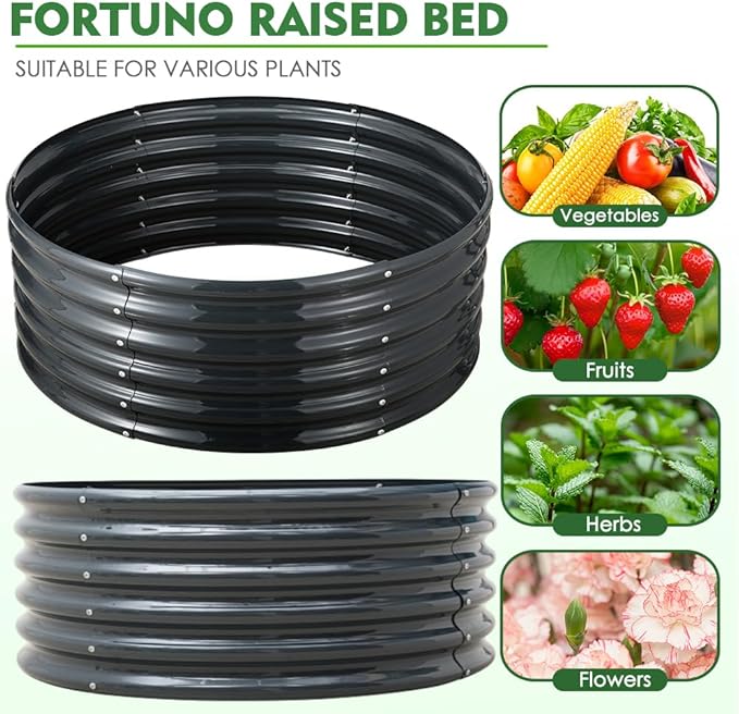 FORTUNO 2 Pcs 17" Tall 4 Ft Round Raised Garden Bed Box Galvanized Metal Outdoor High Flower Bed Steel Patio Ground Planter for Planting Vegetables and Herbs, Dark Grey