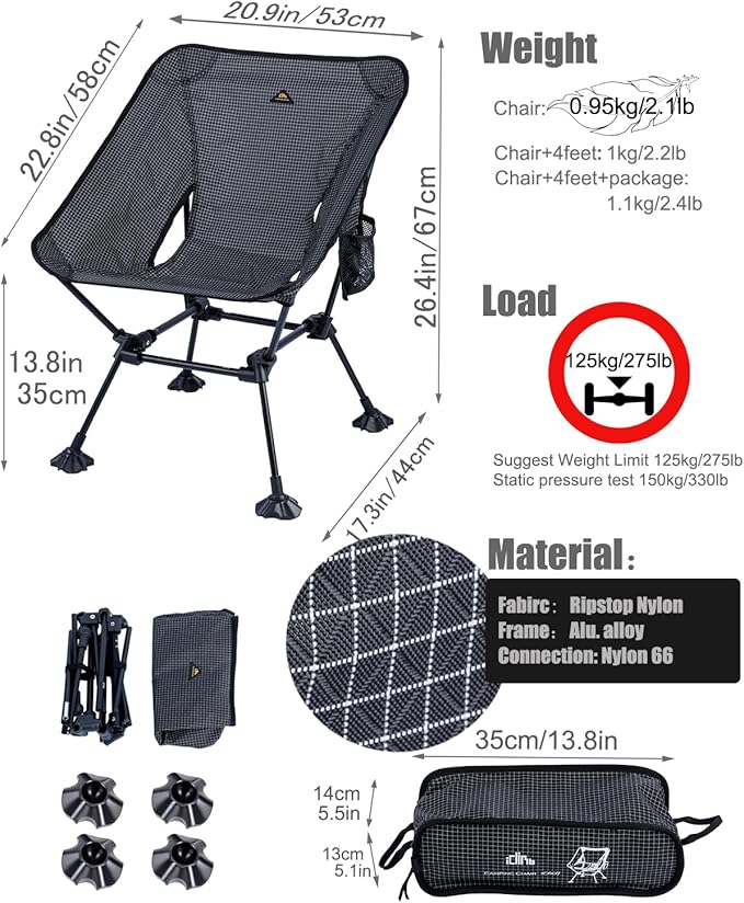 iClimb Ultralight Compact Camping Folding Beach Chair with Anti-Sinking Large Feet and Back Support Webbing (Black Grid - Square Frame - 2PC)