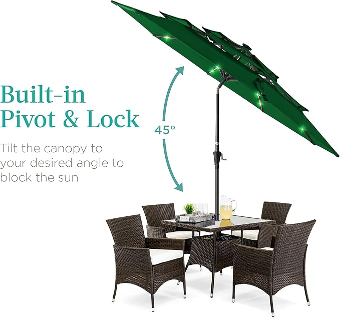 Best Choice Products 10ft 3-Tier Solar Patio Umbrella, Outdoor Market Sun Shade for Backyard, Deck, Poolside w/ 24 LED Lights, Tilt Adjustment, Easy Crank, 8 Ribs - Green