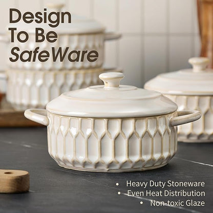 Mini Cocotte Set of 4, 14 oz Ceramic Mini Cocotte with Lids, Small Ceramic Casserole Dishes for Oven, Individual Baking Dish for Mini Sourdough, Soup, Soufflé & Pot Pie, Oven Safe