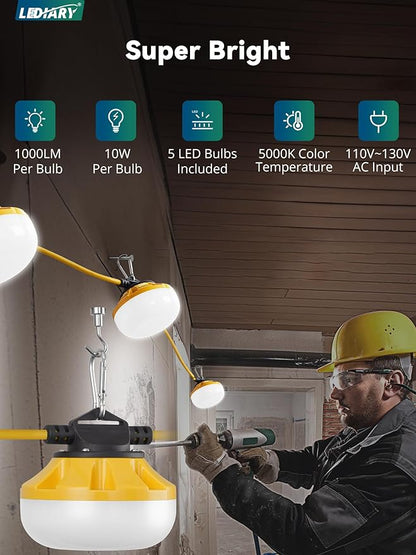 LEDIARY 50FT LED Construction String Lights, 50W 5000LM String Work Light, Linkable Temporary Lighting for Jobsite, Patio, Indoor, Outdoor-ETL Listed