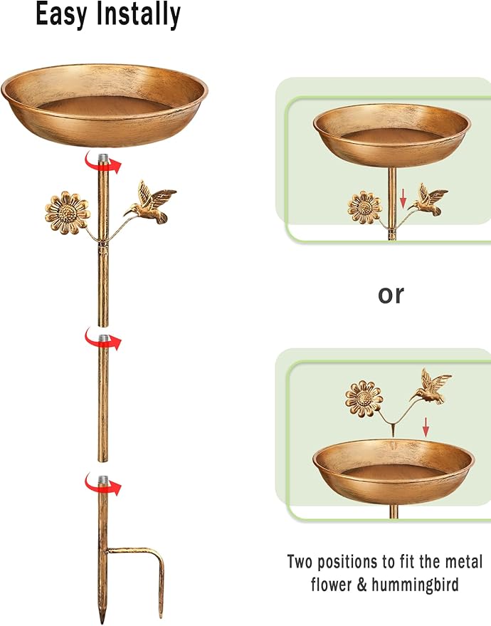 Freestanding Bird Bath with Metal Stake - 11” Antique Bronze Metal Birdbath Bowl & Feeder for Outdoor Garden Yard Decor