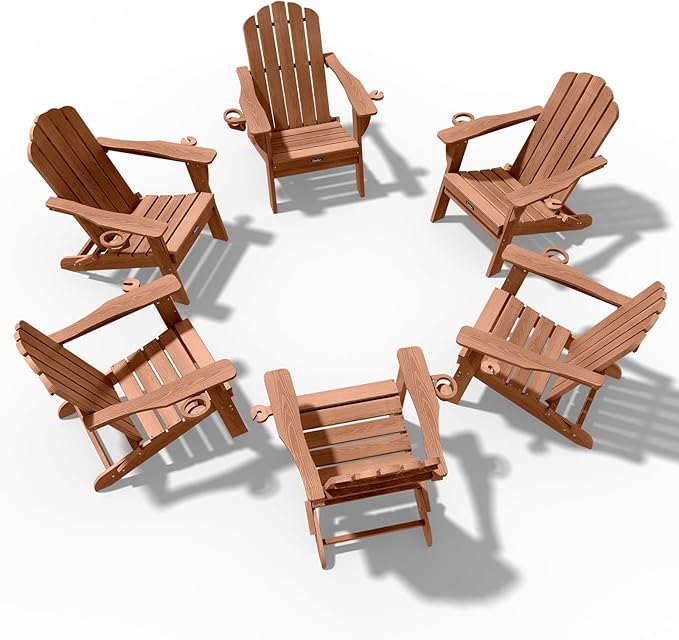 Adirondack Chairs Set of 6, Fire Pit Chairs, Wood Texture Patio Chairs with 2 Cup Holder, Outdoor Lawn Chair, Teak