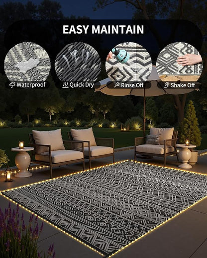 MontVoo-Outdoor Rug Carpet 6x9 ft for Patio RV Camping with Led Strip Lights Waterproof Plastic Straw Rug Reversible Portable Outside Indoor Outdoor Rug Mat for Patio Decor Balcony Picnic-Boho