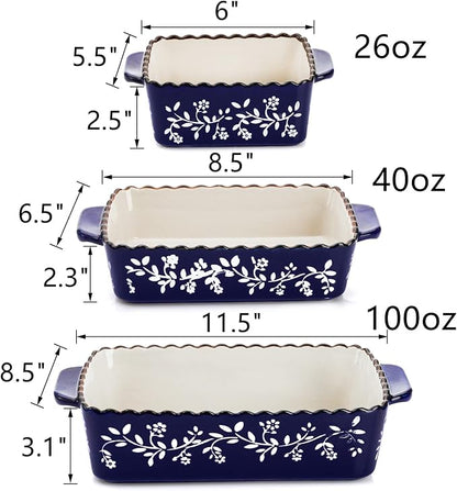 AVLA 3 Pack Ceramic Bakeware Set Porcelain Rectangular Baking Dish Lasagna Pans for Cooking Kitchen Casserole Dishes Cake Dinner 12 x 8.5 x 6 Inches of Baking Pans Banquet and Daily Use Cobalt Blue