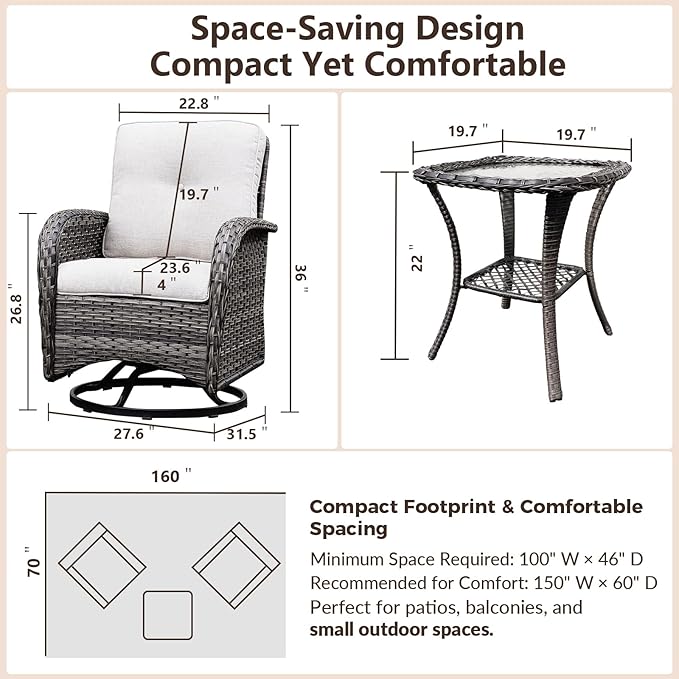 3-Piece Swivel Rocking Patio Set with Water-Repellant Cushions and Glass Table, Outdoor PE Wicker Lounge Set for Balcony, Porch, Garden, Backyard, Café All-Weather Bistro Set
