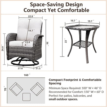 3-Piece Swivel Rocking Patio Set with Water-Repellant Cushions and Glass Table, Outdoor PE Wicker Lounge Set for Balcony, Porch, Garden, Backyard, Café All-Weather Bistro Set
