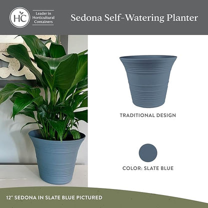 The HC Companies Sedona Round Self-Watering Pot - Lightweight Self Care Planter - Plastic Planter for Herbs & More - Durable Plant Pots for Indoor Plants & Outdoor Plants (16" Slate Blue, Pack of 1)