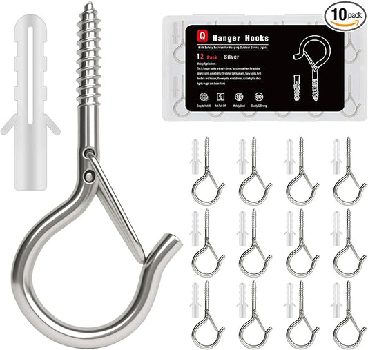 12 Pack Silver Screw Hooks with Safety Buckle - 2.3 Inch Rustproof Eye Ceiling Hooks for Hanging Plants,Outdoor String Lights,Baskets,Christmas Lights & Decor,40lb Capacity (12, Silver)