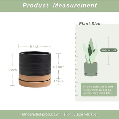 HERDUK 6 Inch Plant Pots, Ceramic Planter Pot with Drainage Hole & Saucer, Indoor/Outdoor Cylinder Round Planter Pot, Matte Black & Brown