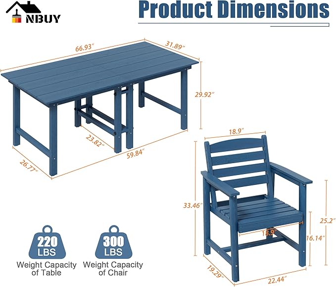 Anbuy Patio HDPE Dining Table Set, 7-Piece Outdoor Dining Table Sets, 2 in 1 Convertible Table and 6 Outdoor Chairs Outdoor All-Weather Furniture Set Blue