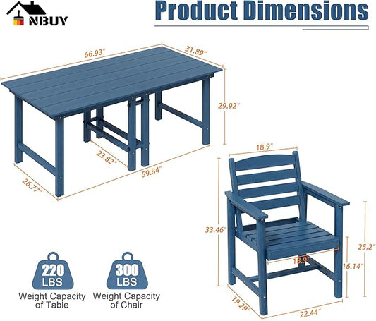 Anbuy Patio HDPE Dining Table Set, 7-Piece Outdoor Dining Table Sets, 2 in 1 Convertible Table and 6 Outdoor Chairs Outdoor All-Weather Furniture Set Blue