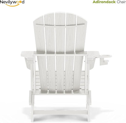 nevilywood Folding Adirondack Chair, Ergonomic Extended Backrest, HDPE All-Weather, 380lbs Capacity, Maintenance-Free, Cup Holder, （White）- Outdoor Patio & Firepit Chair