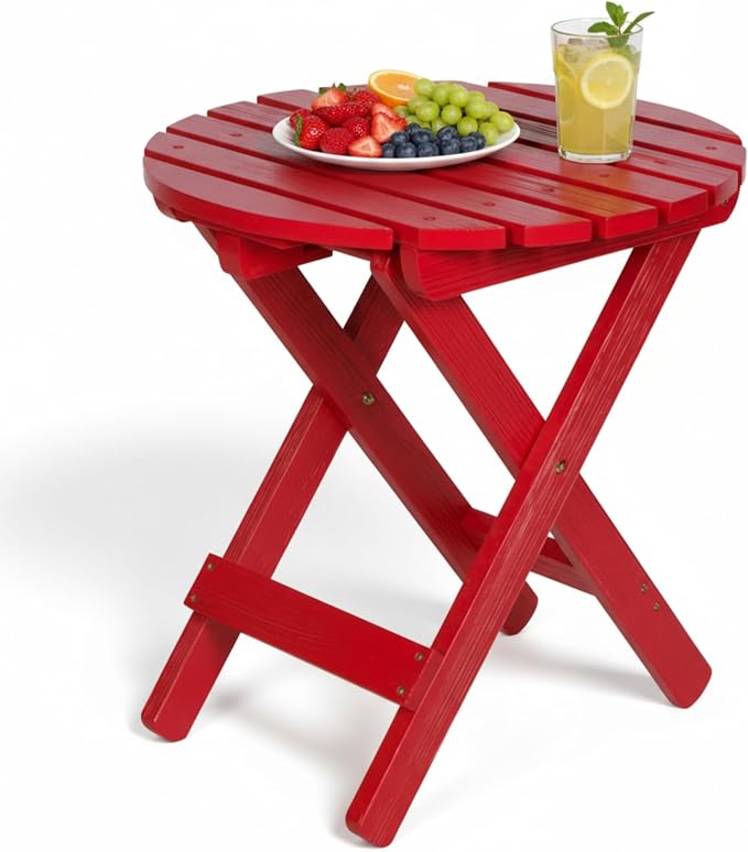 Shine Company Round Wooden Folding Solid Wood Side Table, Outdoor Adirondack Small Patio Table, Chili Red