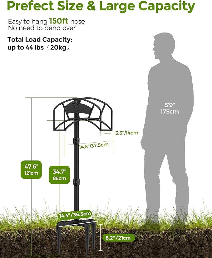 Freestanding Garden Water Hose Storage Holder Stand for Outside, 160-Ft Hose Heavy Duty Metal Hanger Reel Organizer Outdoor Yard Lawn, Standing Keeper Rack with Ground Stake, Black GHH01BK01