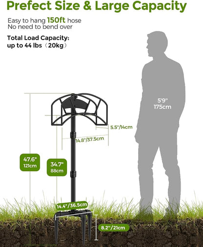 Freestanding Garden Water Hose Storage Holder Stand for Outside, 160-Ft Hose Heavy Duty Metal Hanger Reel Organizer Outdoor Yard Lawn, Standing Keeper Rack with Ground Stake, Black GHH01BK01