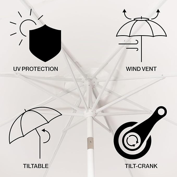JONATHAN Y UMB1000C Baiona 9 ft. Classic MidCentury Market Patio Umbrella with UV Protection, Auto-Tilt, Crank and Wind Vent in White/Coral Pink