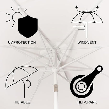 JONATHAN Y UMB1000C Baiona 9 ft. Classic MidCentury Market Patio Umbrella with UV Protection, Auto-Tilt, Crank and Wind Vent in White/Coral Pink
