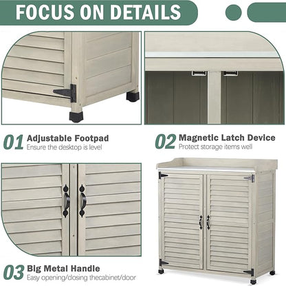 Outdoor Potting Bench with Metal Work Top,Waterproof Garden Storage Cabinet,Wooden Tool Station Shed for Backyard,Patio,Lawn Gardening