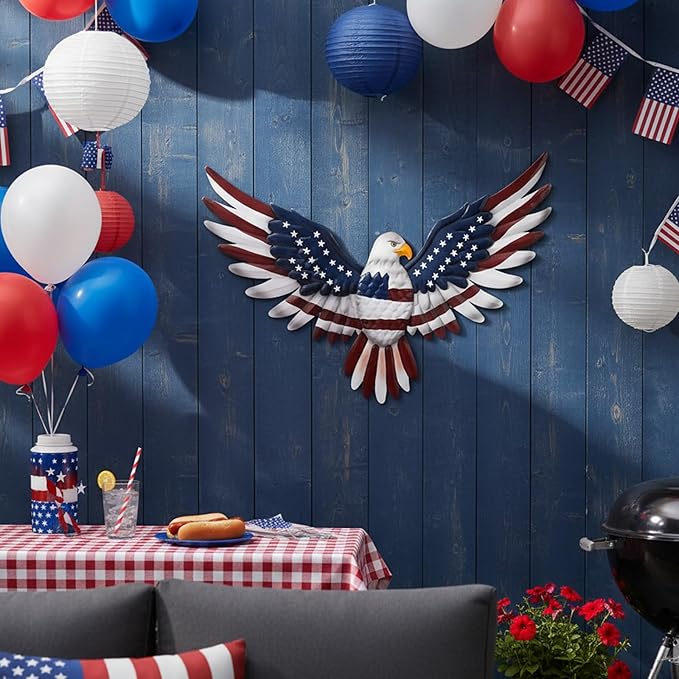 Large American Eagle Patriotic Wall Decor, 4th of July Decoration Metal Wall Art for Independence Day , 24" American Flag Bald Eagle Hanging Sculpture, Handmade Centerpiece for Indoor Bedroom Office Outdoor Decorations