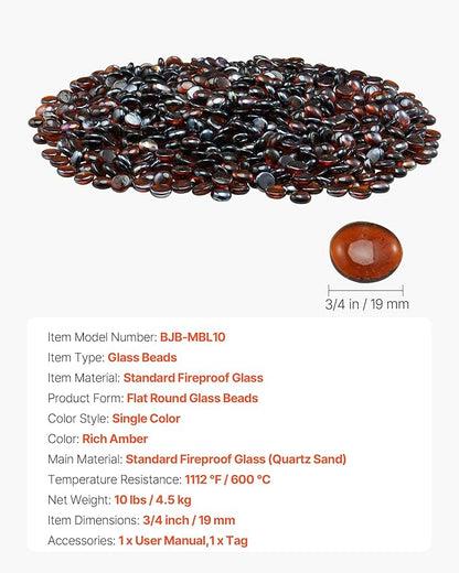 VEVOR Fire Glass, 10LBS / 4.5KG High-Temperature Resistant Fireplace Rocks, 3/4-Inch / 19.05 mm Reflective & Smokeless Firepit Glass Beads, High Luster Stone Landscaping for Fire Pit Table, Rich Amber