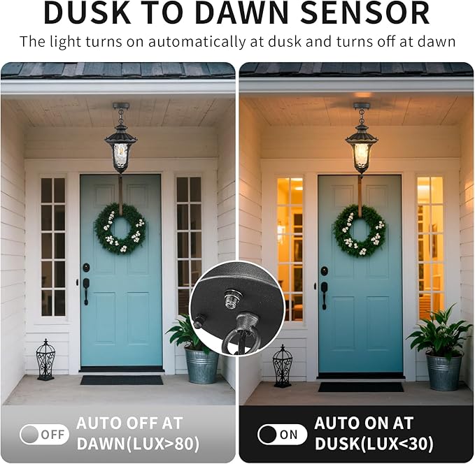 Outdoor Pendant Light Dusk to Dawn Sensor, 17.13 Inch Adjustable Exterior Hanging Light Fixture Black Outside Ceiling Chandelier for Entryway, Doorway, Farmhouse, Foyer