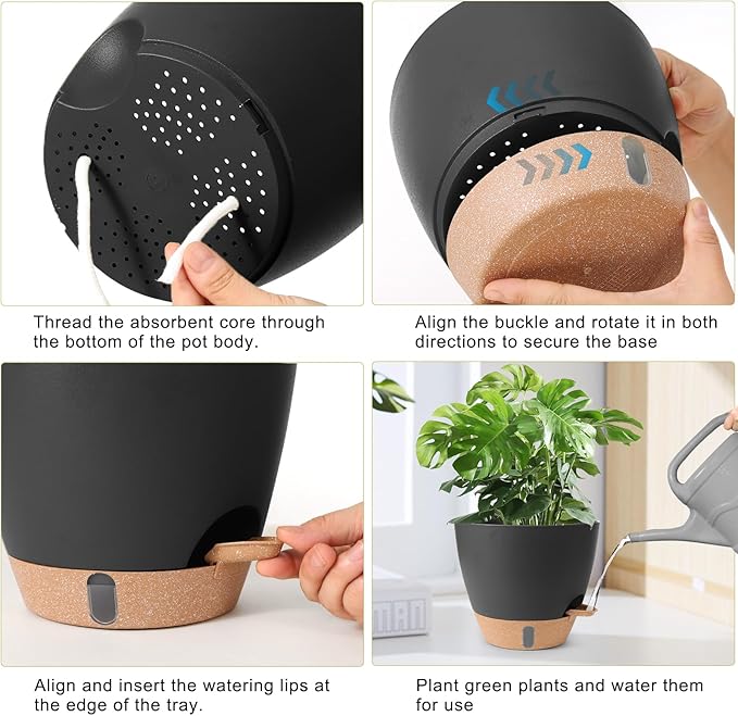 Self Watering Pots for Indoor Plants 12/10/9/8 Inch Large Plastic Self Watering Flower Pots Indoor Outdoor with Drainage Holes, Deep Reservoir,Nursery Planting Pot for Indoor Outdoor Plants Black