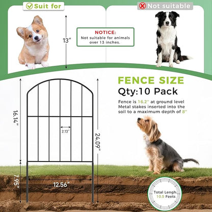 VANCASTLE Decorative Garden Fence Outdoor, Total 10.5ft (L) x 24in (H), Rustproof Metal Landscape Barrier Fence, Black Fence for Yard, Patio Lawn, 10 Panels
