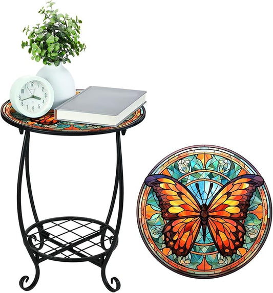 Cinnvoice Outdoor Side Table Round Small Mosaic Patio Accent Indoor End Plant Coffee Tea Table for Yard Patio Porch Garden Living Room, Bedroom(Butterfly B Style,16 Inch)