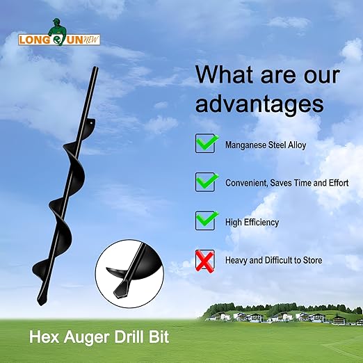 1.7"x15" Garden Auger Drill Bit for Planting Solid Shaft Bulb Auger, Heavy Duty Garden Spiral Drill Bit for Auger Post Hole Digger, 3/8” Hex Drive Drill