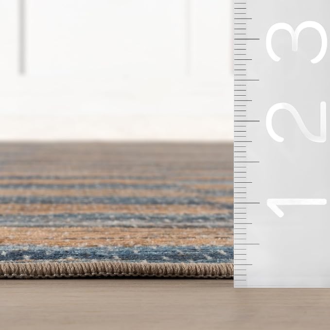 Dash & Albert Ravel Stripe Blue Machine Washable Rug, 2 X 3 Feet, Tan/Blue Stripe Pattern