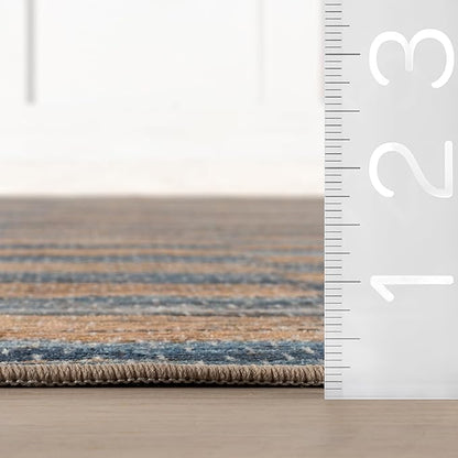 Dash & Albert Ravel Stripe Blue Machine Washable Rug, 8.5 X 11.5 Feet, Tan/Blue Stripe Pattern