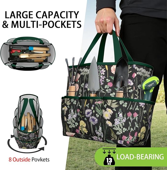 Daisy Flowers Garden Tool Bag - Waterproof Garden Tote with 8 Pockets, Large Storage Home Organizer Gardening Tool Oxford Bag for Garden Tools Kits Holder, Ideal Outdoor Gardening Gift for Women & Men