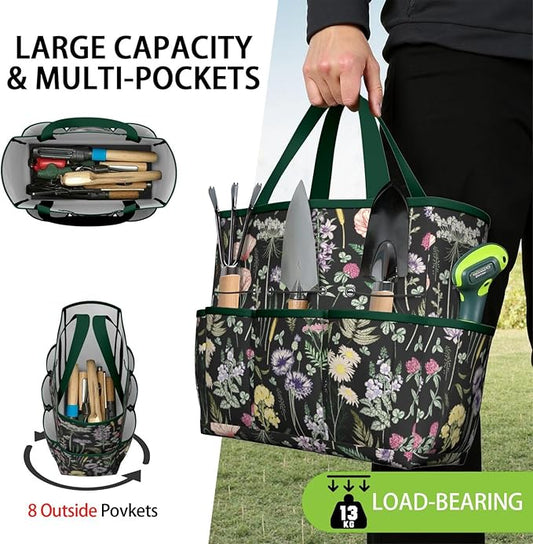 Daisy Flowers Garden Tool Bag - Waterproof Garden Tote with 8 Pockets, Large Storage Home Organizer Gardening Tool Oxford Bag for Garden Tools Kits Holder, Ideal Outdoor Gardening Gift for Women & Men