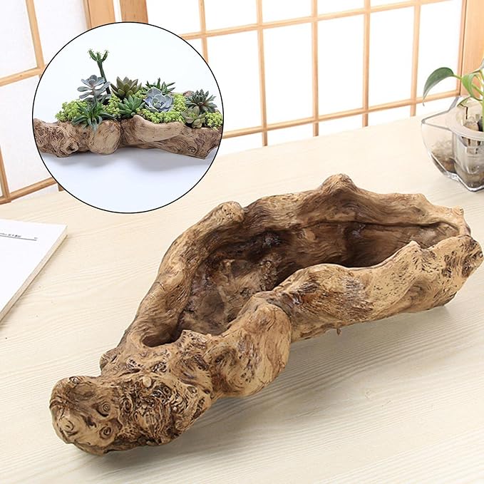 Driftwood Stump Log Resin Planter, Succulent Pot with Drainage Hole for Small Plants, Bonsai, Cactus, Indoor Outdoor Decor (Yellow)