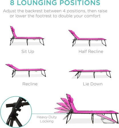 Best Choice Products Extra Wide Patio Chaise Lounge Chair, Portable Outdoor Folding Recliner for Lawn, w/ 8 Positions, Handles, 440lb Capacity - Hot Pink
