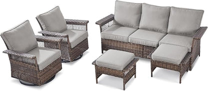 Patio Furniture Set 2 Wicker Swivel Glider Chairs 2 PE Rattan Ottomans with Patio PE Rattan Sofa Brown Wicker Grey Cushions Patio Conversation Set 5pcs for Garden Balcony Backyard