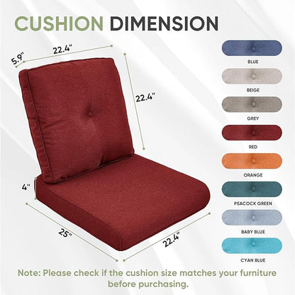Outdoor Chair Cushion Set of 3, Waterproof Outdoor Seat Cushions 25x22, Patio Chair Cushions for Outdoor Furniture, Couch Cushion Replacement, Include 3 Back & 3 Seat Cushions, Button/Red