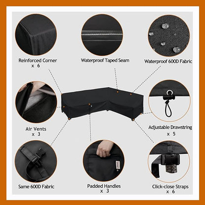 Heavy Duty Outdoor Sectional Cover, 104"X83" Waterproof 600D Patio Sectional Couch Covers, Lawn Patio Furniture Protector(Midnight Black,L-Shaped-Right Facing-104 x83)