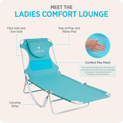 Ostrich the Ladies Comfort Lounger with Chest Support, Foldable and Portable Reclining Outdoor Patio Beach Lawn Camping Pool Tanning Chair, Aqua