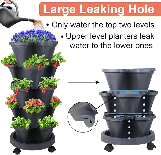 GameXcel Vertical Planter Tower- 5 Tier Stackable Garden Planter with Wheels and Tool Set – Grow Strawberries Herbs Flowers and Vegetables - Indoor Outdoor Use Dark Gray