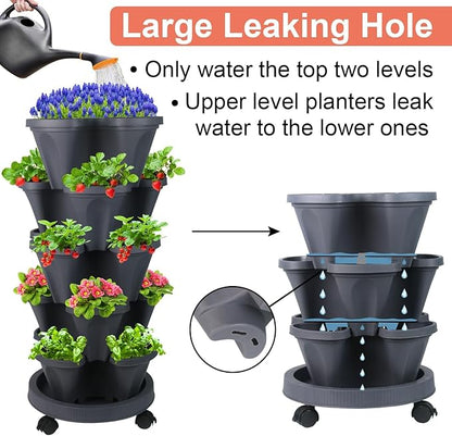 GameXcel Vertical Planter Tower- 5 Tier Stackable Garden Planter with Wheels and Tool Set – Grow Strawberries Herbs Flowers and Vegetables - Indoor Outdoor Use Dark Gray