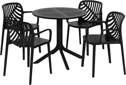 Costaelm 4 Person Dining Table Set, HDPE Patio Round Dining Table and Stackable Chair, Kitchen & Dining Room Sets All Weather for Backyard Porch Poolside, Black
