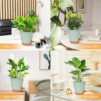 Vanslogreen Planters for Indoor Plants 7/6.5/6/5.5/5 Inch, Self Watering Planters with Drainage Holes and Saucers 5 Pack Plastic Pots for Plants, Succulents, Herbs, Cactus, Flower Pots, Green