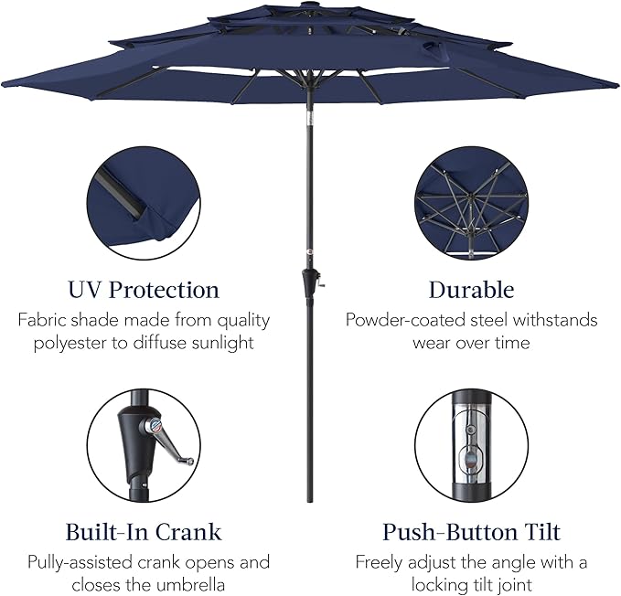 Best Choice Products 10ft 3-Tier Market Patio Umbrella, Outdoor Sun Shade with Tilt, Crank Lift, 8 Ribs for Backyard, Deck, Poolside – Navy Blue