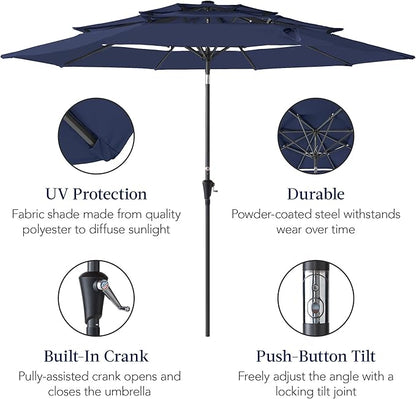 Best Choice Products 10ft 3-Tier Market Patio Umbrella, Outdoor Sun Shade with Tilt, Crank Lift, 8 Ribs for Backyard, Deck, Poolside – Navy Blue