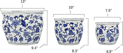 Galt International Blue & White Round Fluted Floral Porcelain Ceramic Plant Flower Planter Pot Set of 3 (7.5", 10", 13") Garden Pots Chinese Asian Design