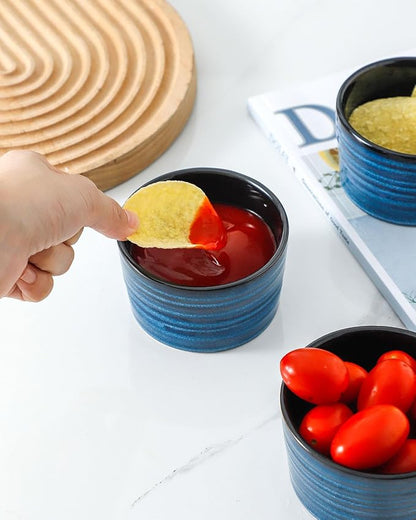 Hasense Ramekins 8 oz Oven Safe for Creme Brulee, Ceramic Souffle Dish Oven Safe Set of 6,Porcelain Dipping Sauce Bowls for Pudding, Creme Brulee, Souffle, Serving Dip, Custard, Ice Cream(Blue)