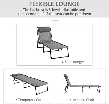 Outdoor Lounge Chair, Tanning Chair with Sunshade Roof, Adjustable Backrest Folding Chaise Lounge with Pillow Headrest for Outside, Beach, Camping, Hiking (No Sunshade Roof, Light Gray)